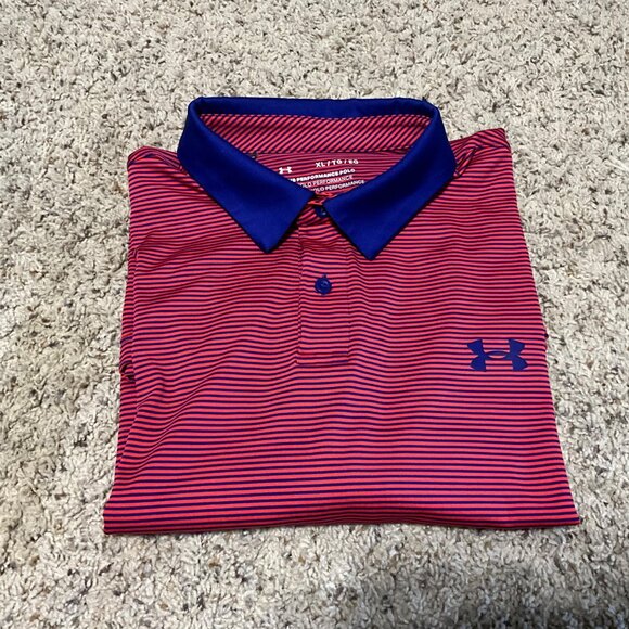 Under Armour Mens XL  TG Red & Blue Striped Polo Shirt With Moisture-Wicking - Picture 6 of 15